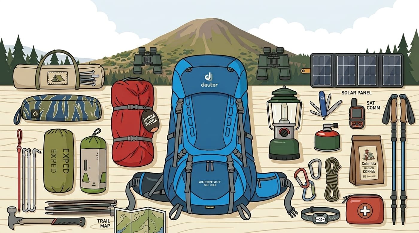 Minimal camping gear laid out: backpack, sleeping bag, tent, stove, lantern, first-aid kit and hiking poles